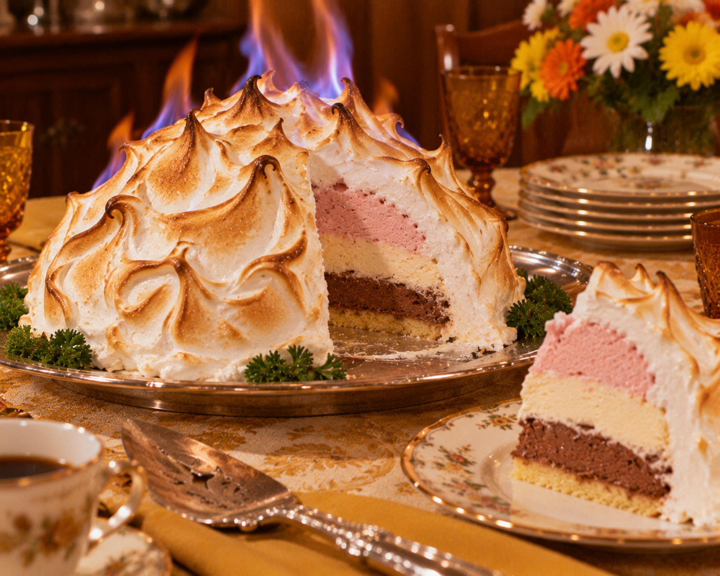 A baked Alaska dessert with toasted meringue and slices showing layers of chocolate, vanilla, and strawberry ice cream sits on a silver platter, surrounded by vintage tableware and flowers.