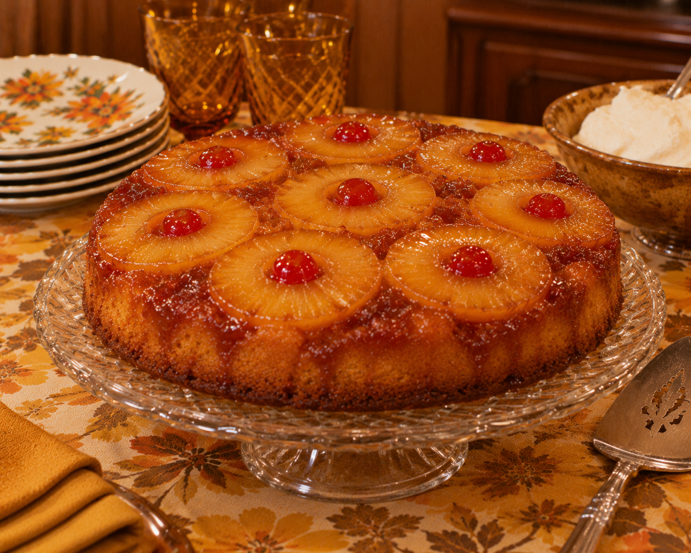 Pineapple upside-down cake with cherries sits on a glass stand, surrounded by floral plates, amber glasses, a bowl of whipped cream, and a serving utensil on a floral tablecloth.