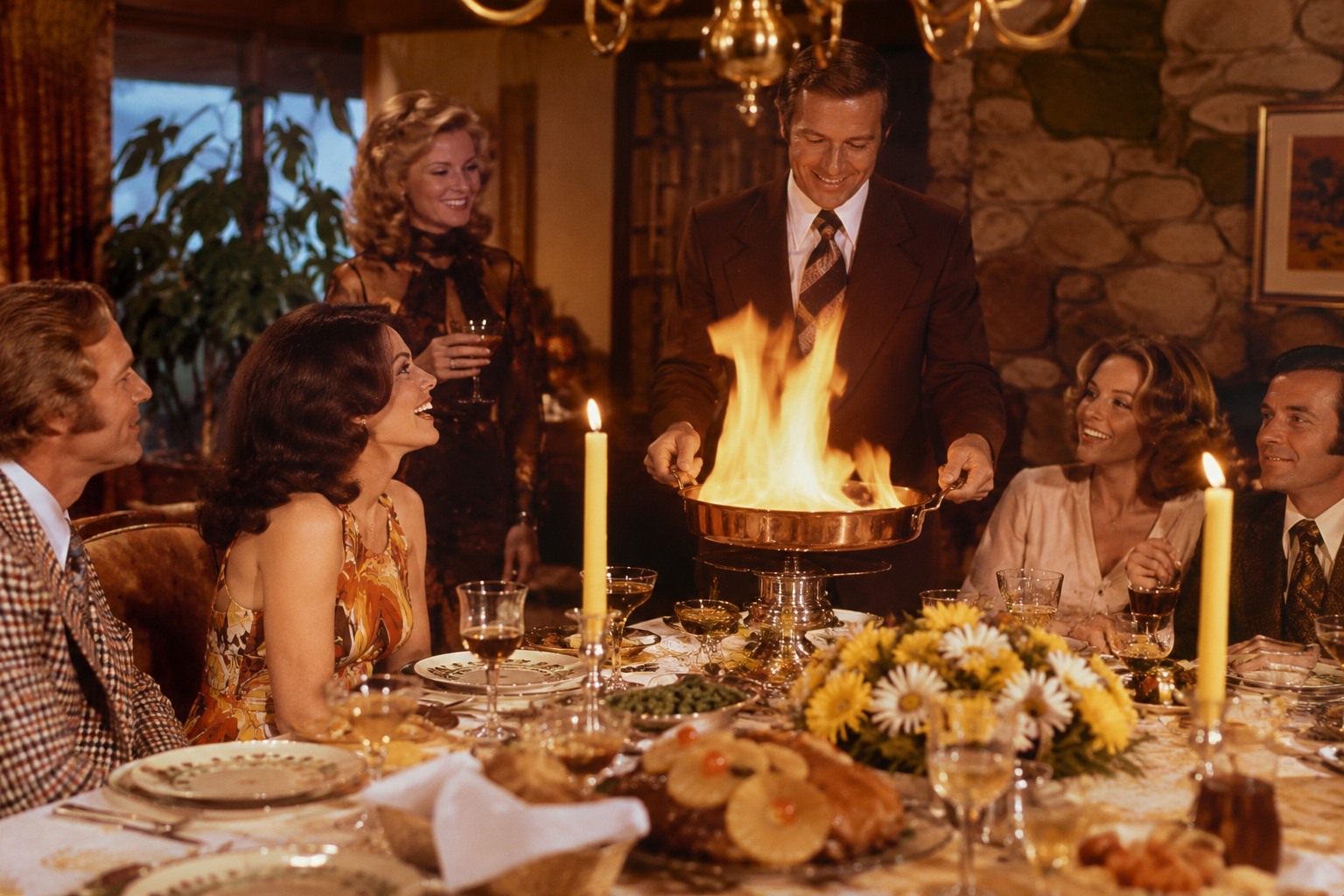 A man in a suit flambés food at a festive dinner table, surrounded by smiling guests and elegant decor with candles and flowers.