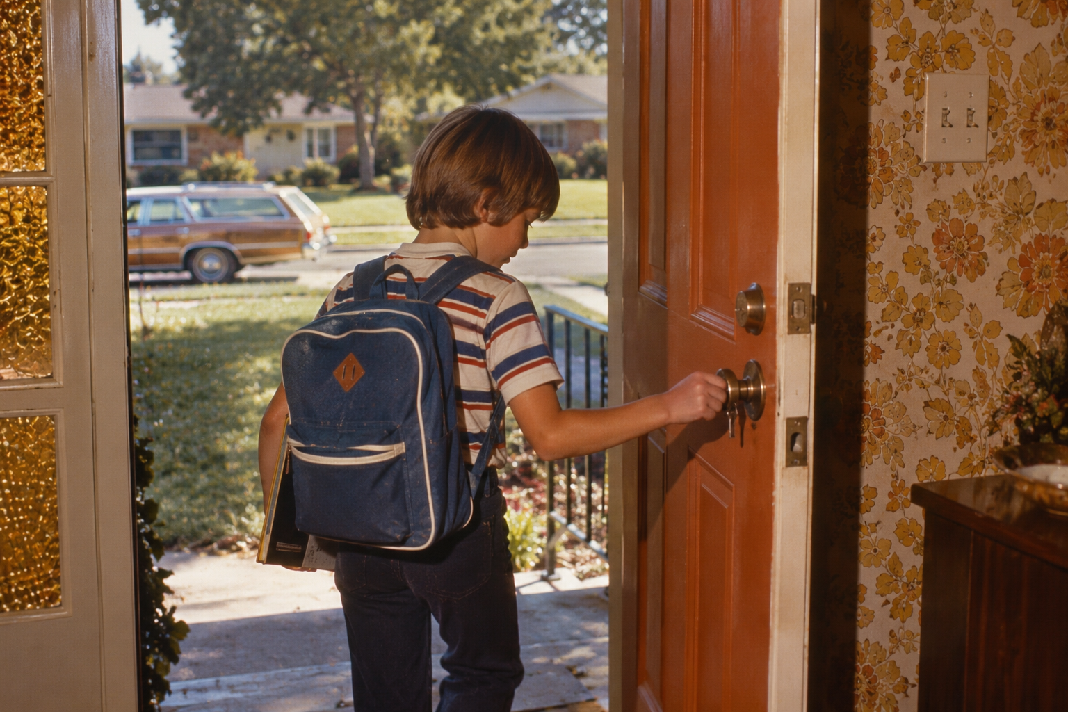 A young boy with a blue backpack opens a front door to leave a house. Sunlight shines outside, and a station wagon is parked on the street. The house has floral wallpaper and a wooden door.