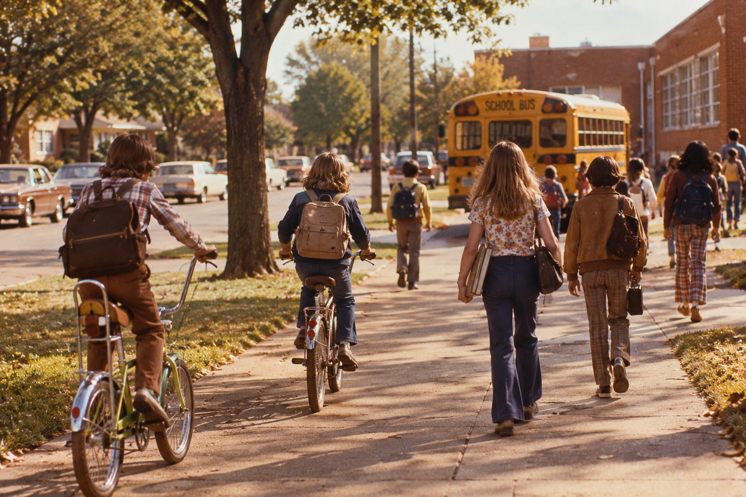 Children walk and ride bikes to school on a tree-lined sidewalk with a yellow school bus parked ahead. The scene appears to be from the 1970s, with students wearing backpacks and casual clothes.
