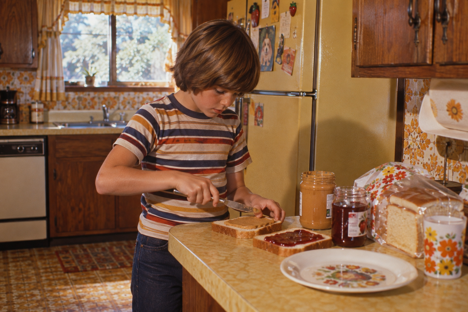A child in a striped shirt makes a peanut butter and jelly sandwich in a vintage kitchen with wooden cabinets, yellow countertops, and floral decor. 1970s childhood independence.