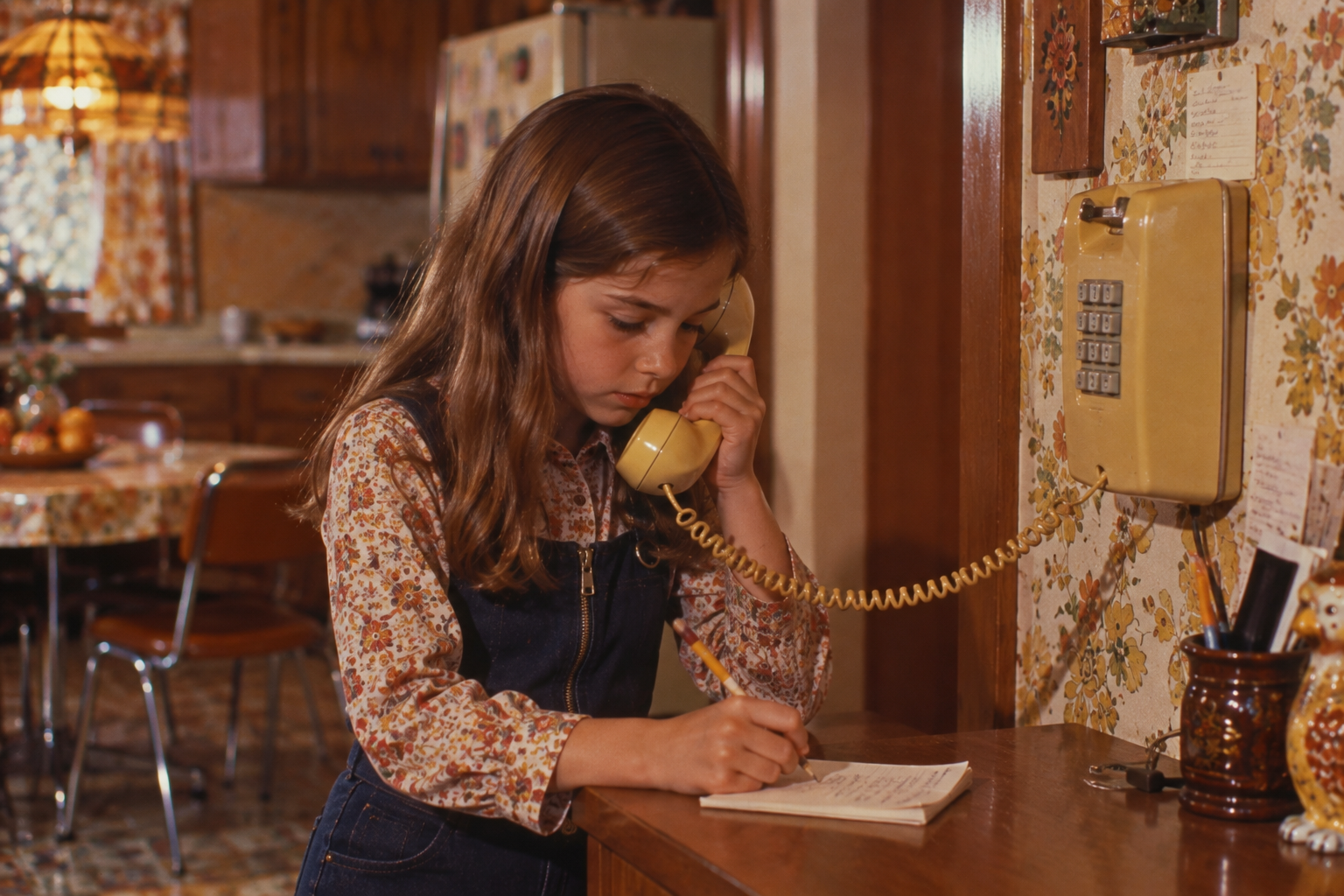 A young girl uses a yellow rotary wall phone, writing in a notebook in a vintage kitchen with floral wallpaper and retro decor.