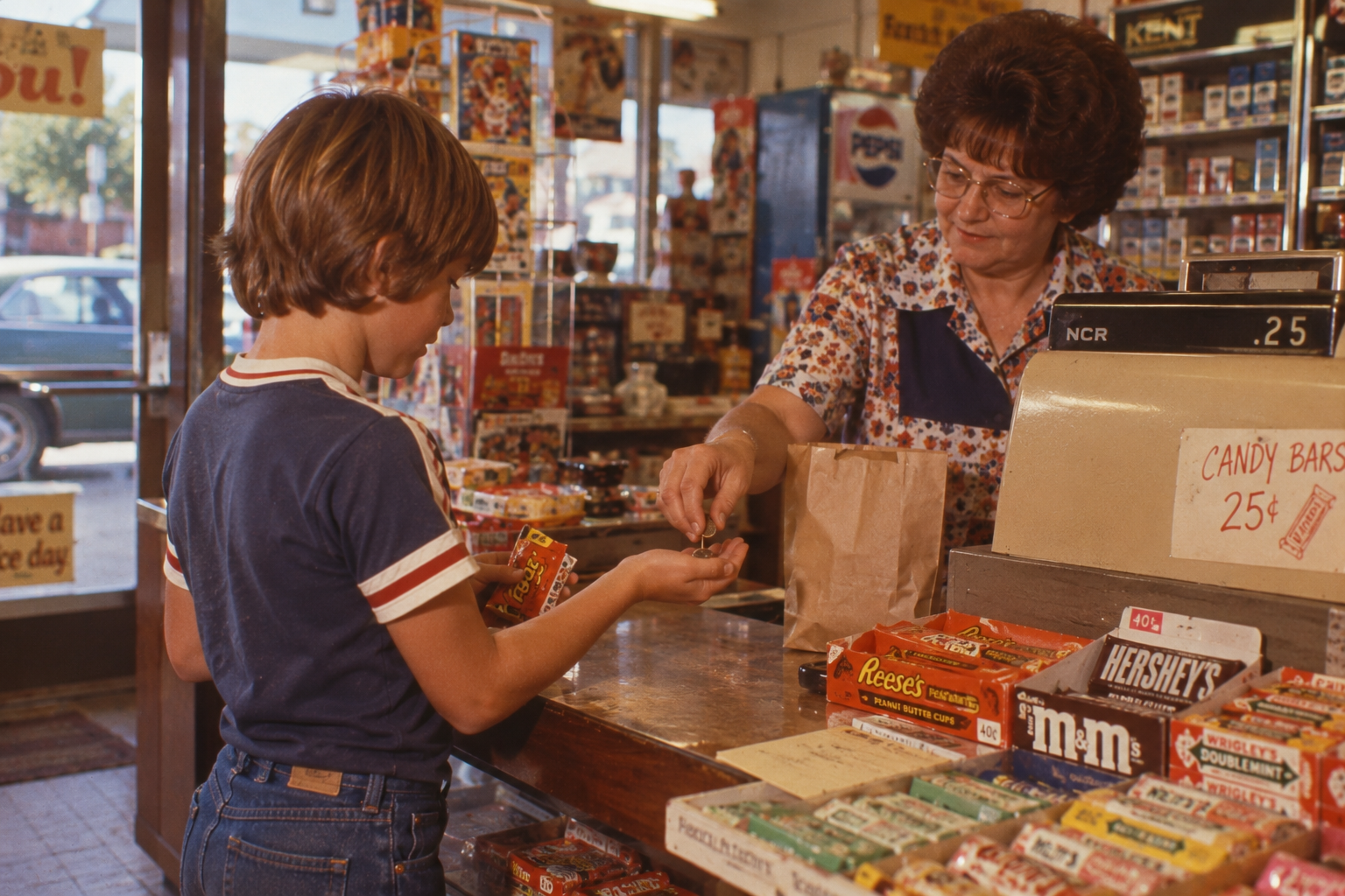 A boy at a candy store counter receives change from a cashier. The counter displays various candy bars, and a sign reads “CANDY BARS 25¢.” Sunlight comes through the window in the background.