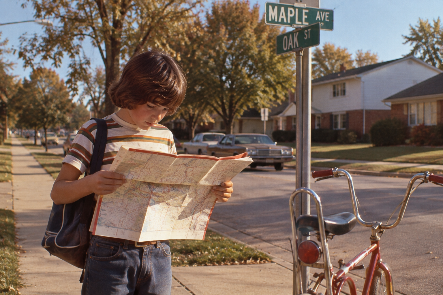 A boy with a backpack stands on a sidewalk reading a map next to a red bicycle. Street signs read “Maple Ave” and “Oak St.” Houses, trees, and a parked car are visible in the background on a sunny day.
