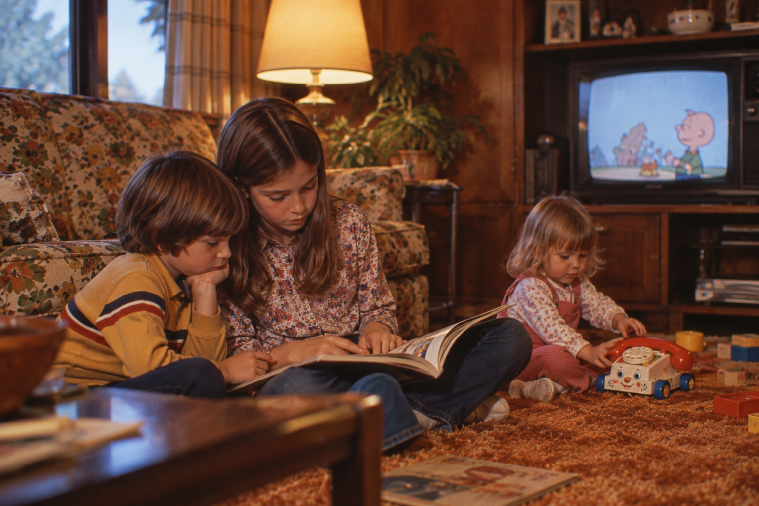 Three children sit on a brown carpet in a cozy living room; two read a book together while the third plays with a toy phone. A TV in the background shows a “Peanuts” cartoon.