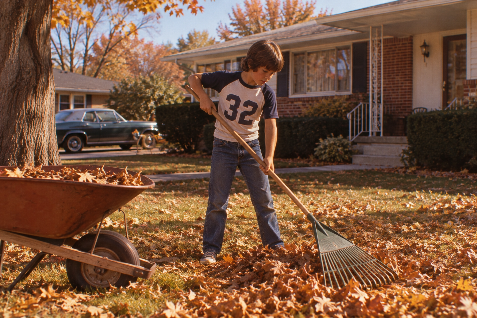 A young boy wearing a “32” shirt rakes autumn leaves into a pile by a wheelbarrow in a front yard, with a house and trees in the background.
