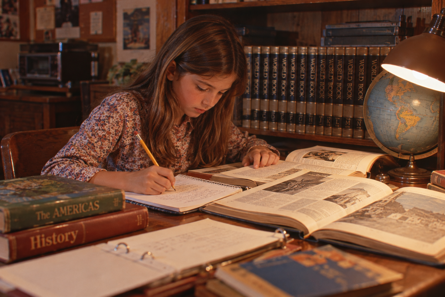 A young girl studies at a desk with open books, a notepad, and a globe under a desk lamp in a cozy, book-filled room.