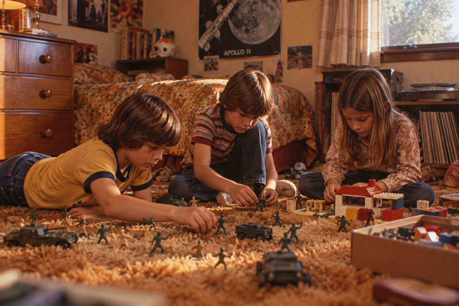 Three children sit on a carpeted floor in a bedroom, playing with green toy soldiers and vehicles. The room has books, posters, and sunlight streaming through a window.