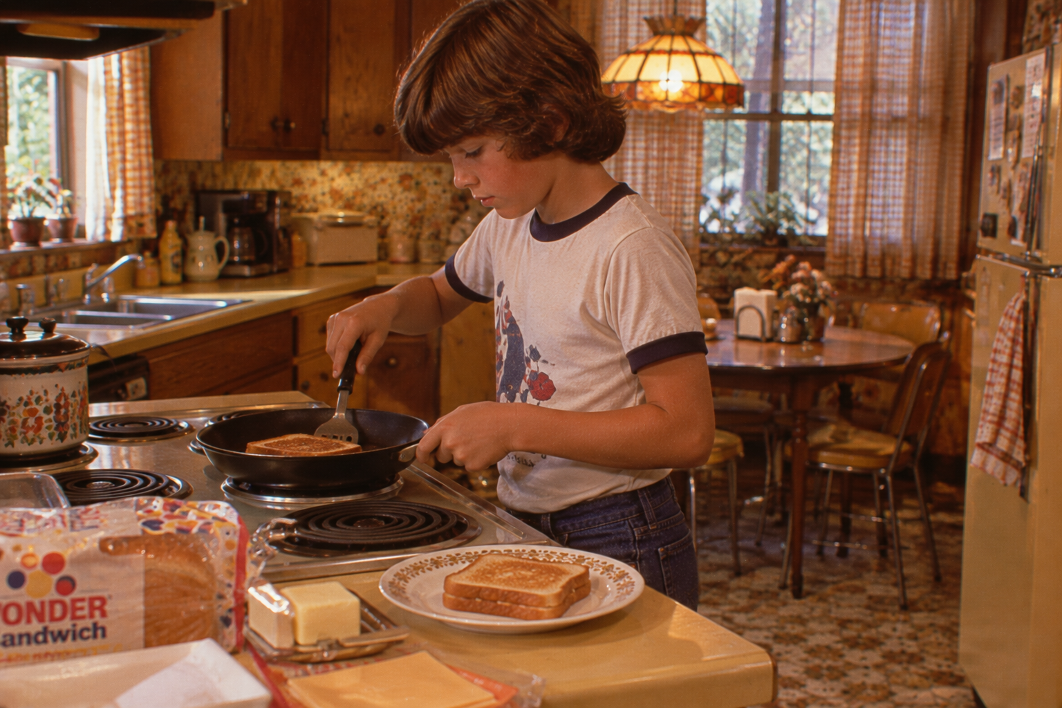 A child in a vintage kitchen uses a spatula to cook a grilled cheese sandwich on a stovetop. Sliced bread, cheese, and a plate with a finished sandwich are on the counter nearby. The kitchen has wood cabinets and patterned wallpaper.