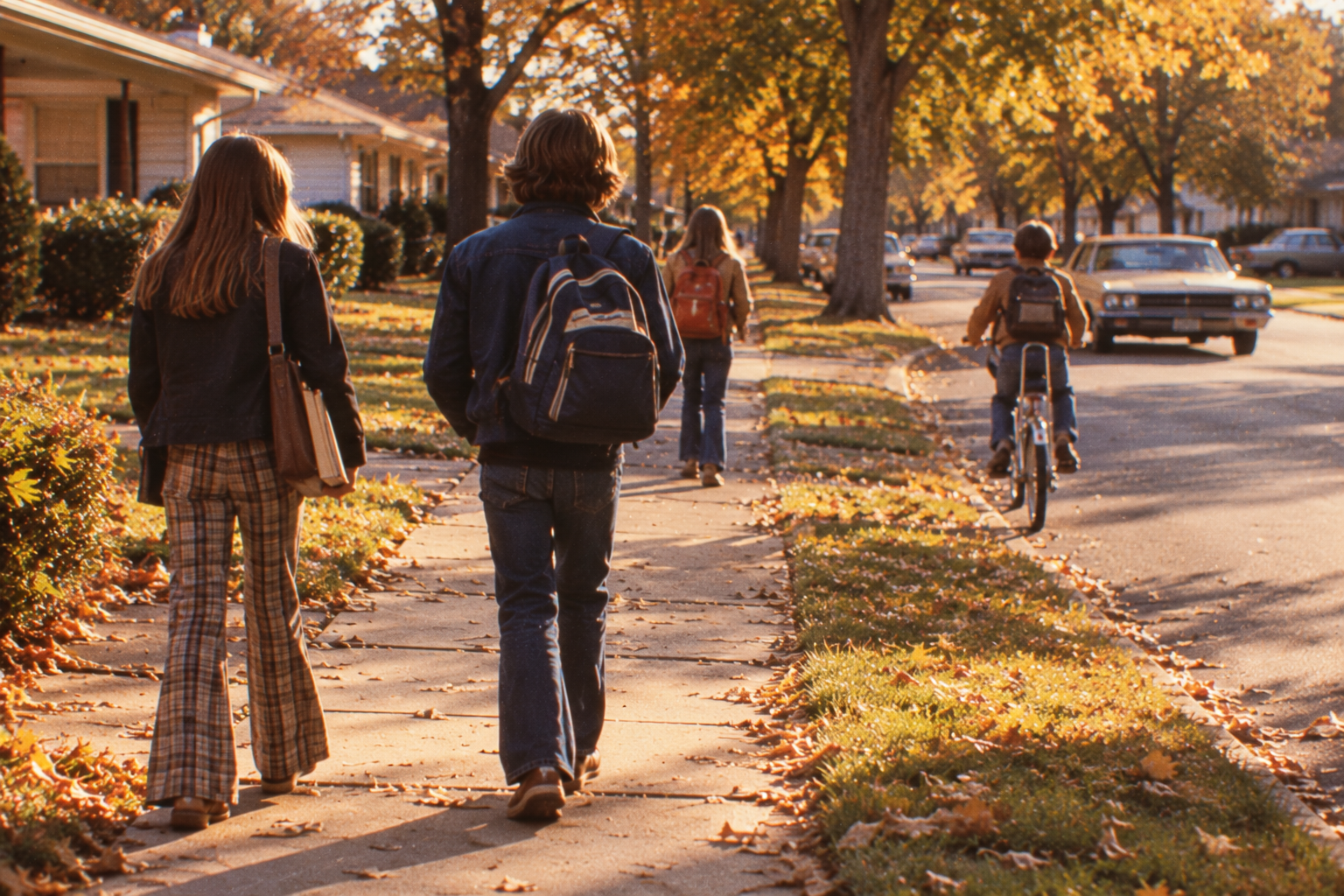 Four kids walk and ride bikes on a suburban sidewalk in autumn, with fallen leaves covering the ground and trees lining the street.