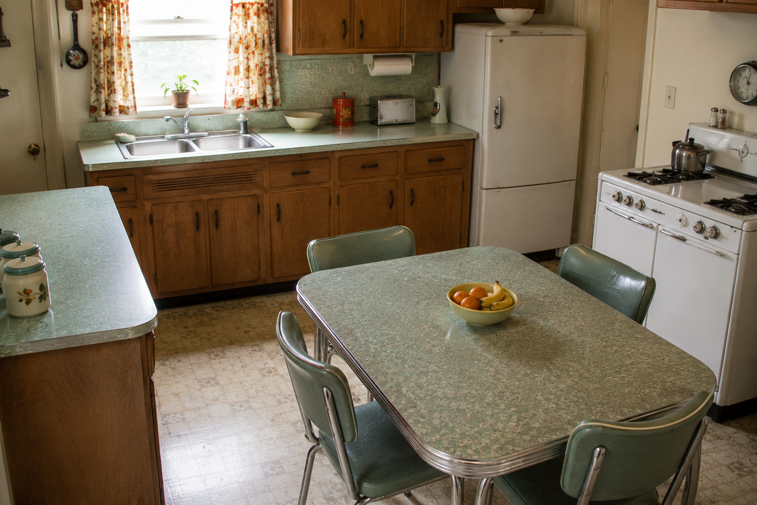 A vintage kitchen with green countertops, wooden cabinets, a white stove, an old-style fridge, and a table with green chairs. A bowl of fruit sits on the table. Sunlight comes through a window with floral curtains. Household staples in the 1960s.
