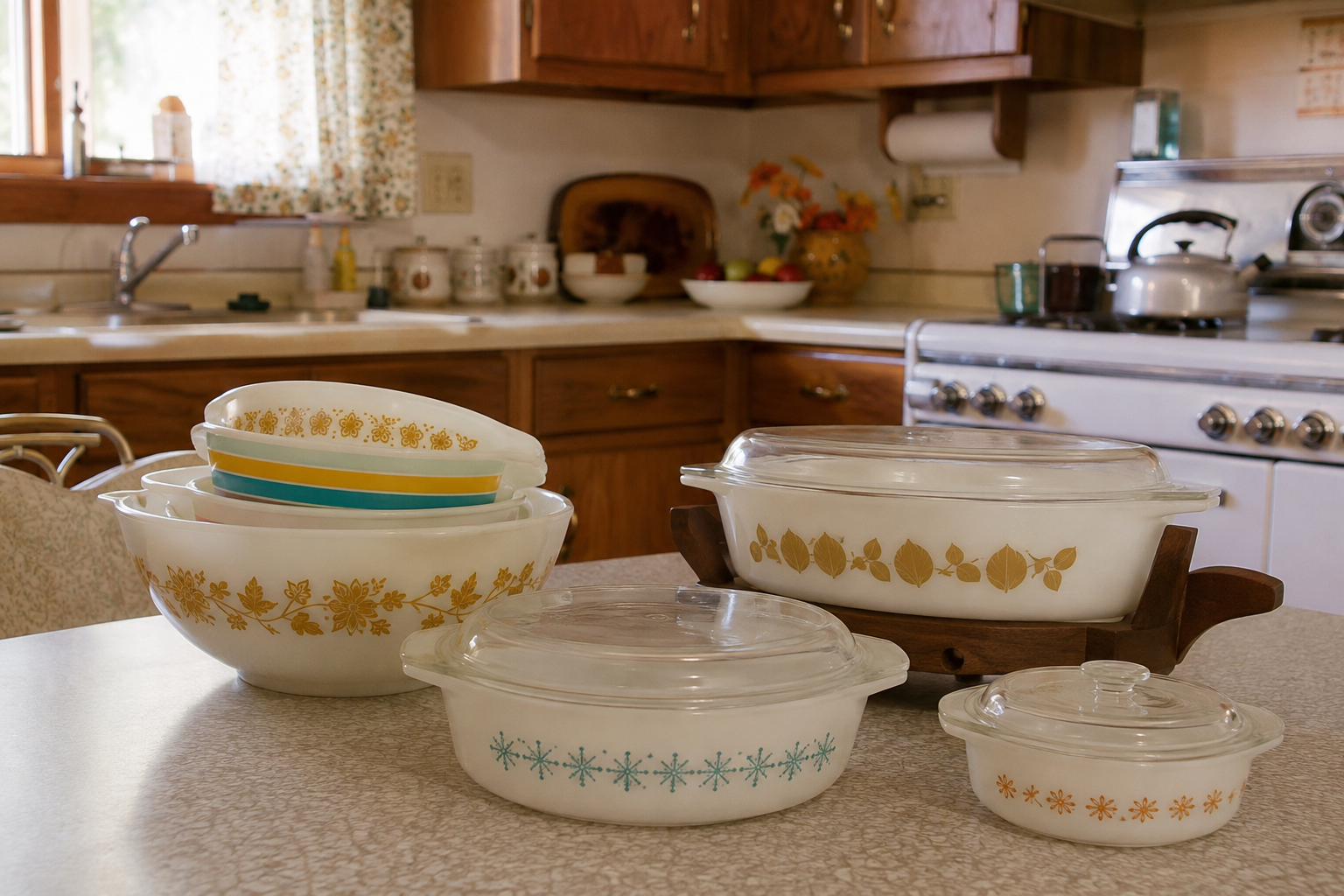 Vintage white Pyrex bowls with yellow and blue floral patterns sit on a kitchen counter. The background shows wooden cabinets, a stove, teapot, and other kitchen items in a cozy, retro setting.