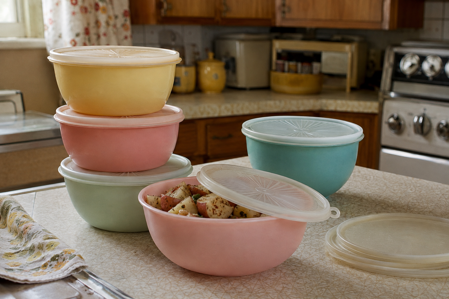 Four pastel-colored plastic bowls, some stacked and some separate, with lids on a kitchen counter; one bowl has a lid off, revealing chopped, seasoned potatoes inside. A stove and various kitchen items are in the background.