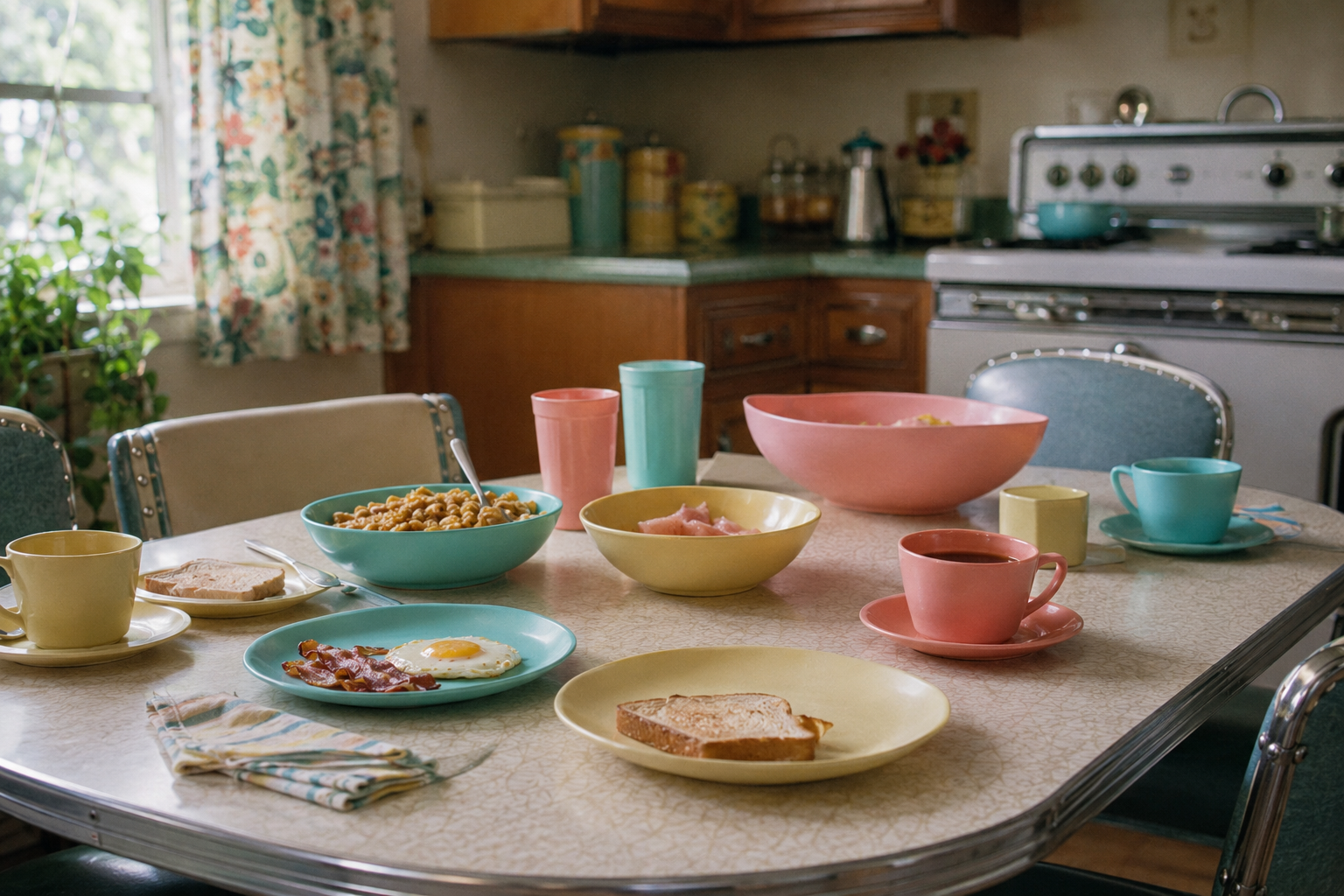 A retro kitchen table set for breakfast with pastel dishes, bowls of cereal, fried eggs, toast, bacon, and various cups. Vintage decor, curtains, and stove are visible in the background.