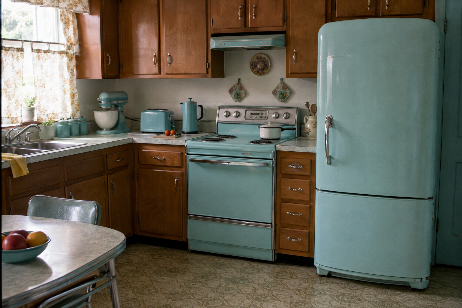 A vintage kitchen features wooden cabinets, a turquoise refrigerator, stove, and appliances, a round table with metal chairs, and a window with floral curtains letting in natural light.