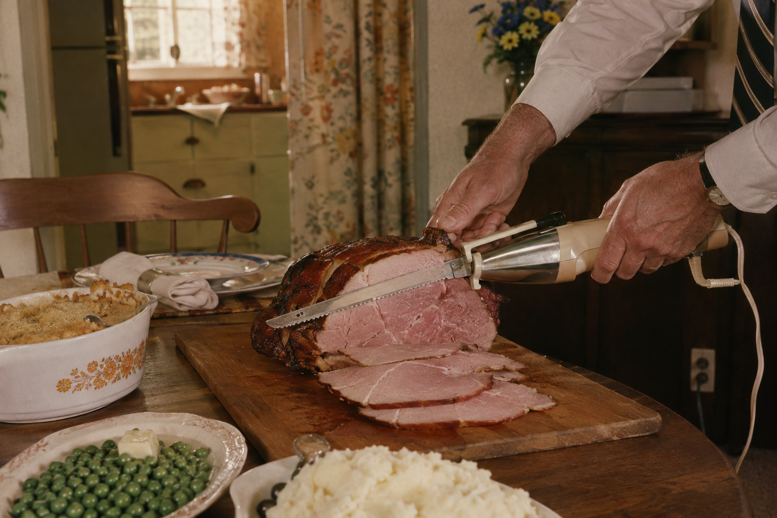 A person uses an electric knife to carve slices from a large baked ham on a wooden cutting board, surrounded by dishes of mashed potatoes, peas, and casserole on a table.