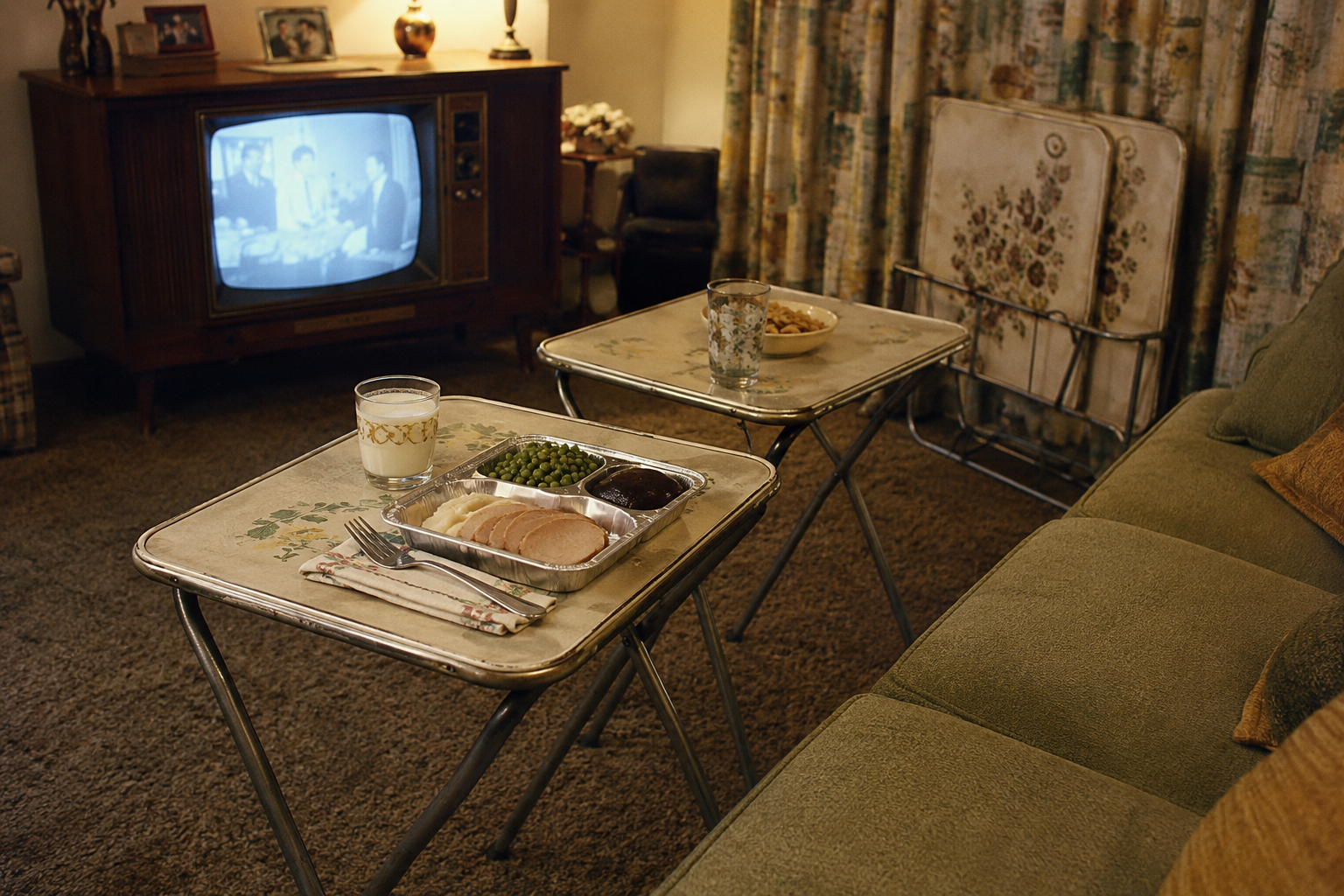 Two TV trays with TV dinners, a glass of milk and a drink sit near a green couch in a cozy living room. An old TV shows a black-and-white program. Patterned curtains and carpet finish the retro look.