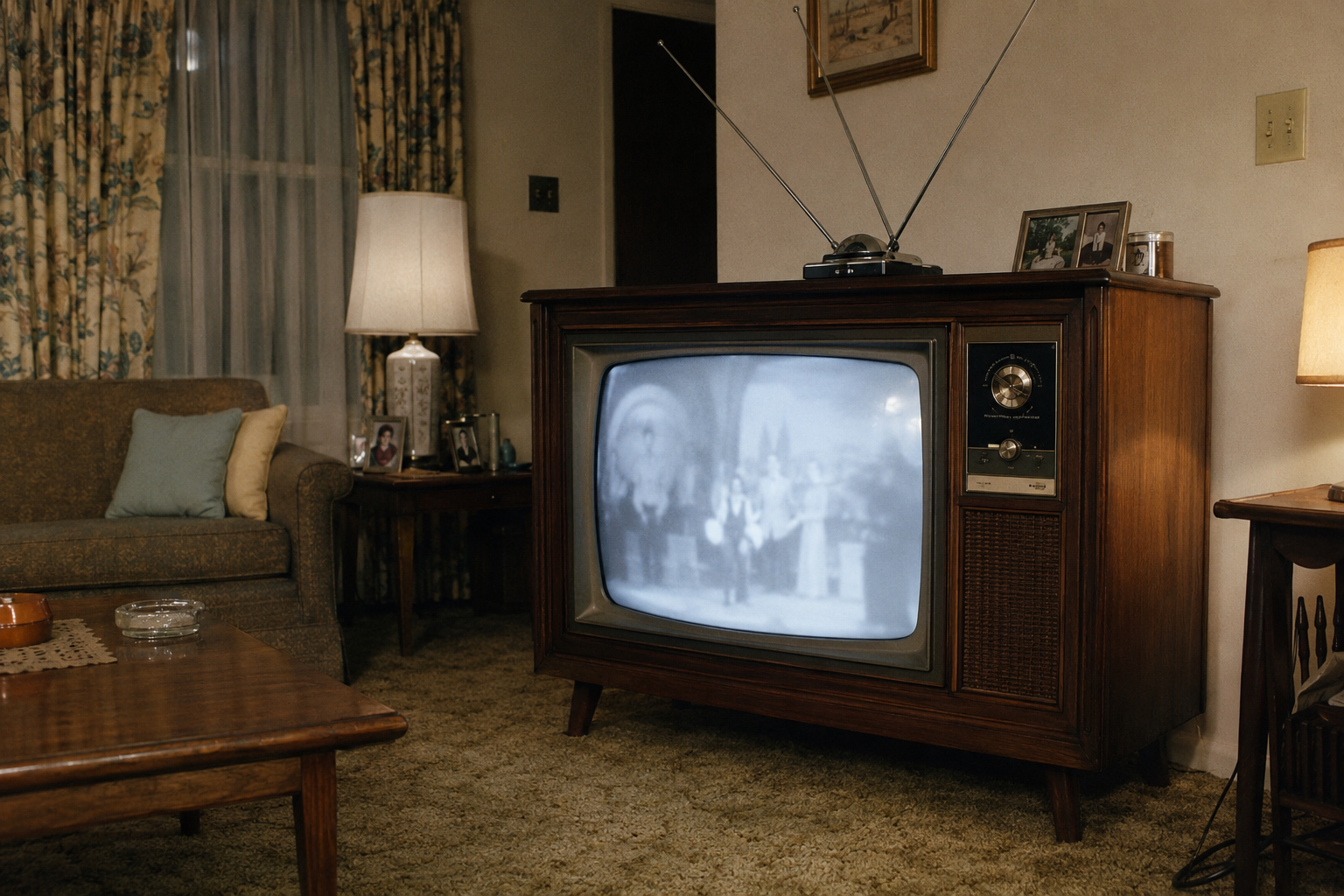 A vintage living room with a large wooden TV showing a black-and-white program, surrounded by lamps, framed photos, a sofa, curtains, and a coffee table on a carpeted floor.