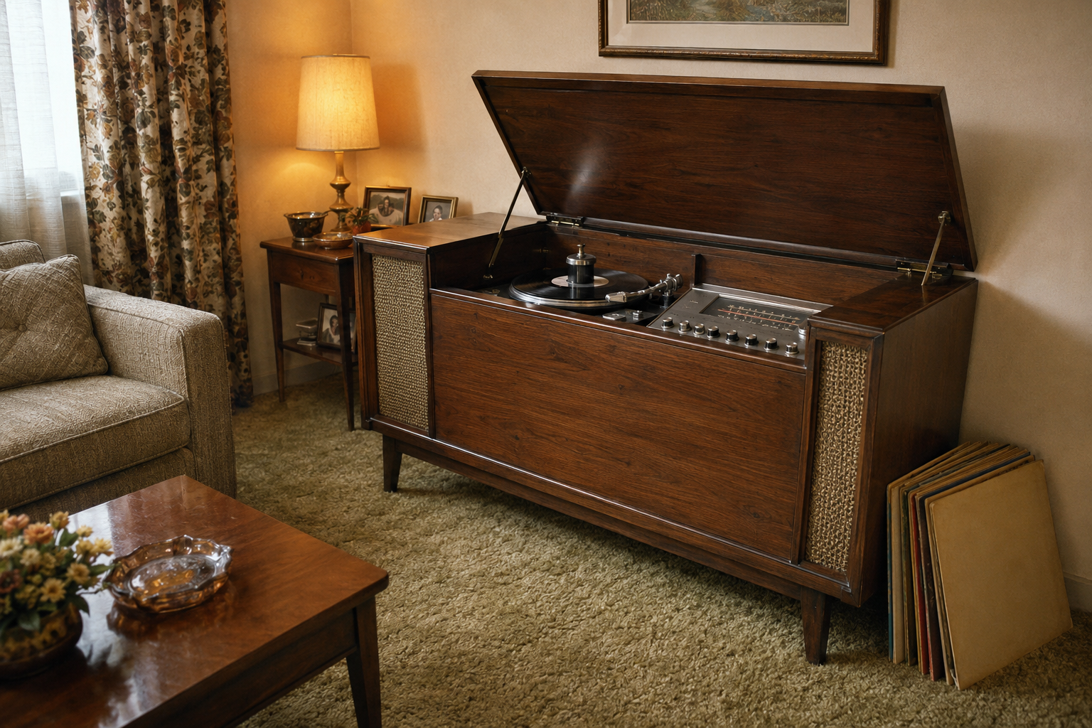 Vintage wooden record player console with its lid open, showing the turntable and controls. It sits on green carpet in a cozy living room, near a sofa, side table with a lamp, and stacked vinyl records.