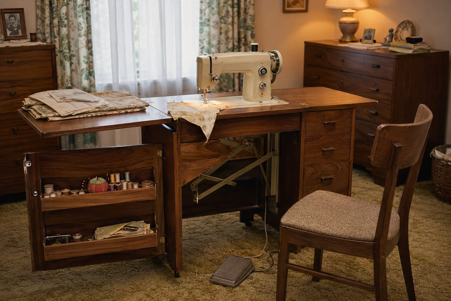 A vintage sewing machine sits on a wooden table with fabric and patterns. Drawers hold sewing supplies. A cushioned chair faces the table in a cozy, carpeted room with dressers and floral curtains.
