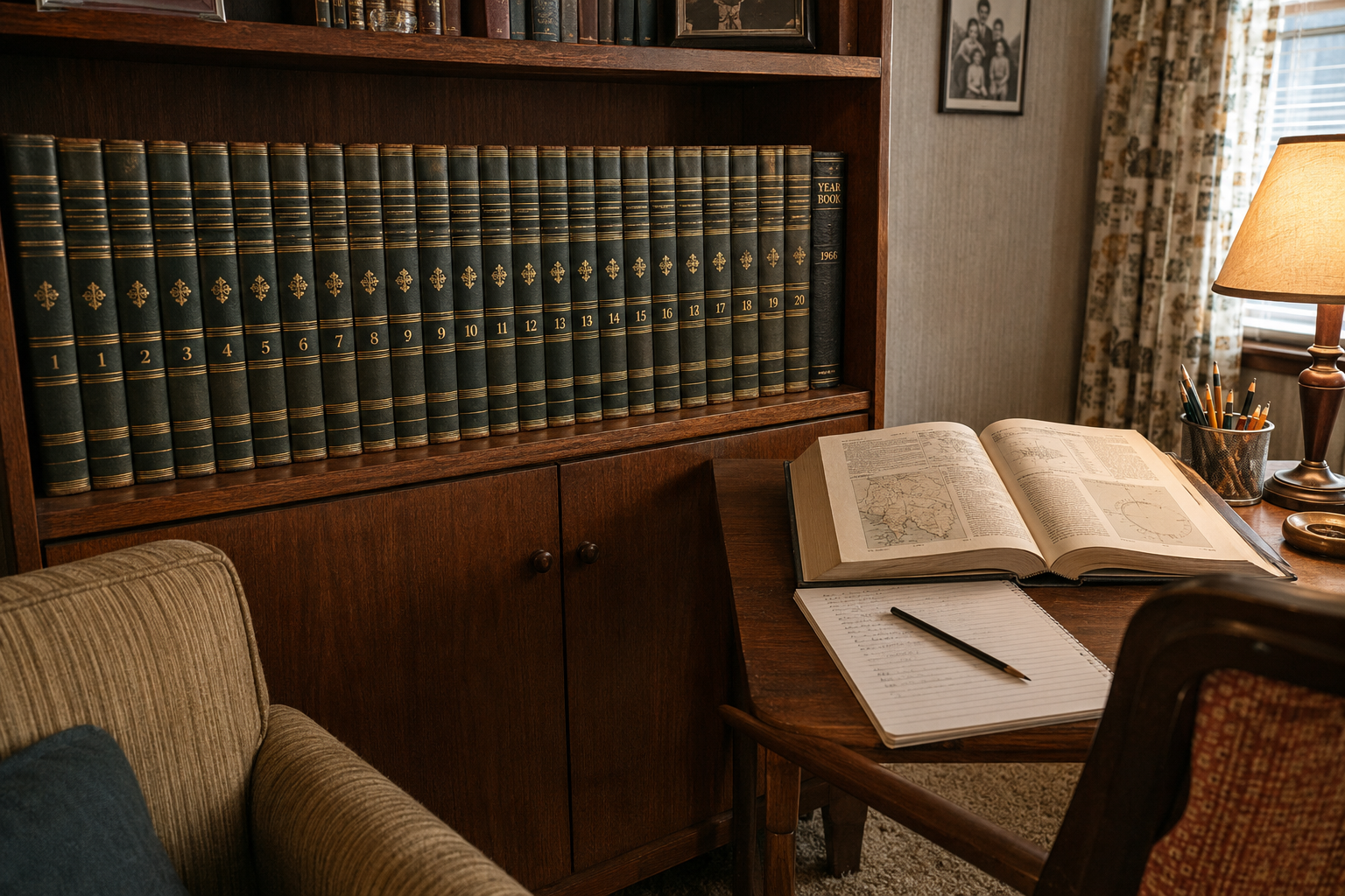 A cozy study with an open book and notebook on a desk, a pen, a lit lamp, a chair, and a bookshelf filled with encyclopedias. Curtains and a family photo are visible in the warmly lit background.