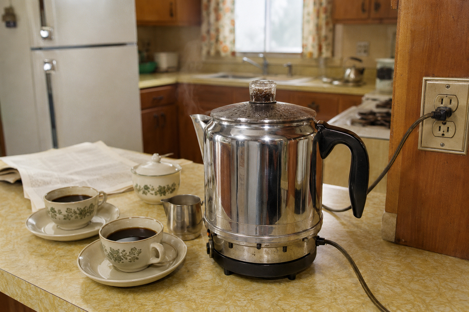 A stainless steel percolator brews coffee on a kitchen countertop with two filled floral cups, a sugar bowl, a creamer, and an open newspaper nearby. The setting is a cozy, vintage-style kitchen.