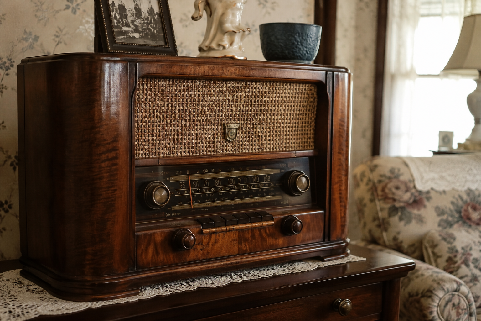 A vintage wooden radio sits on a table with a family photo, ceramic figurine, and blue bowl on top, next to a floral-patterned sofa in a cozy, sunlit room. 1940s American homes.