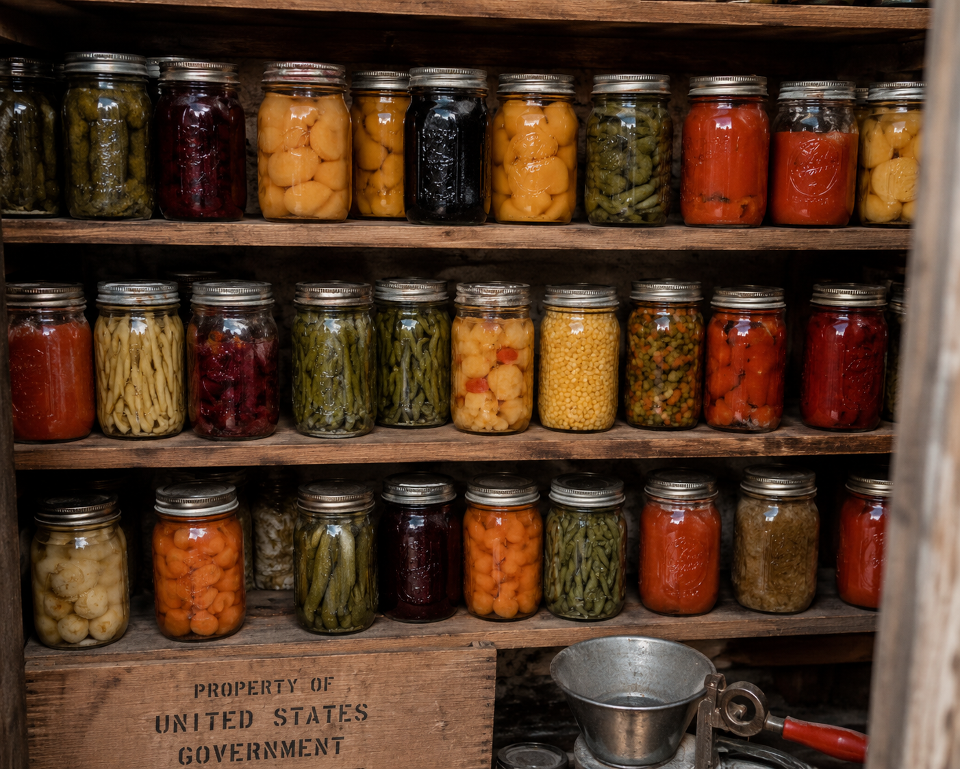 Colorful jars of preserved fruits and vegetables are neatly arranged on wooden shelves in a pantry. A wooden crate labeled “Property of United States Government” is on the bottom shelf, next to a metal grinder.