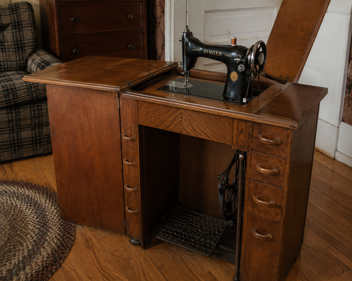 A vintage Singer sewing machine sits in a wooden cabinet with side drawers and a foot pedal, placed on a hardwood floor in a cozy, old-fashioned room.
