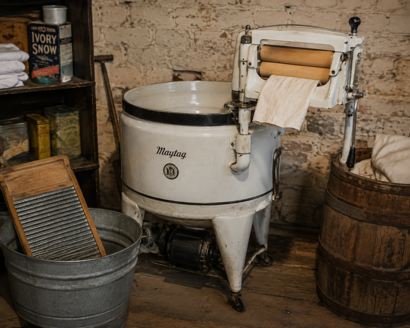 A vintage Maytag washing machine with a wringer sits on a wooden floor beside a washboard, metal tub, wooden barrel, and old laundry products on shelves against a brick wall.