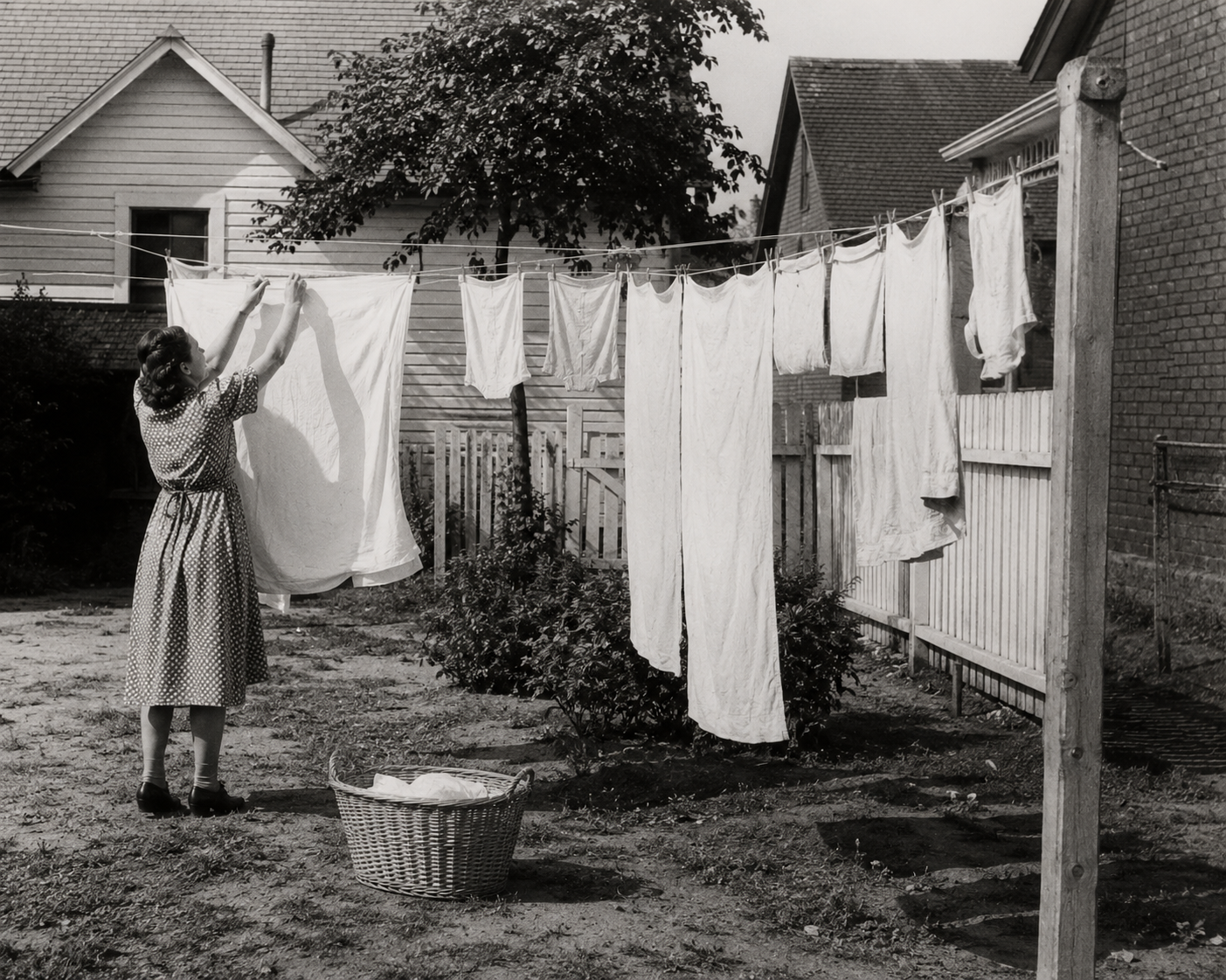 A woman hangs white laundry on a clothesline in a backyard. A laundry basket sits on the ground nearby. There are houses and a wooden fence in the background.