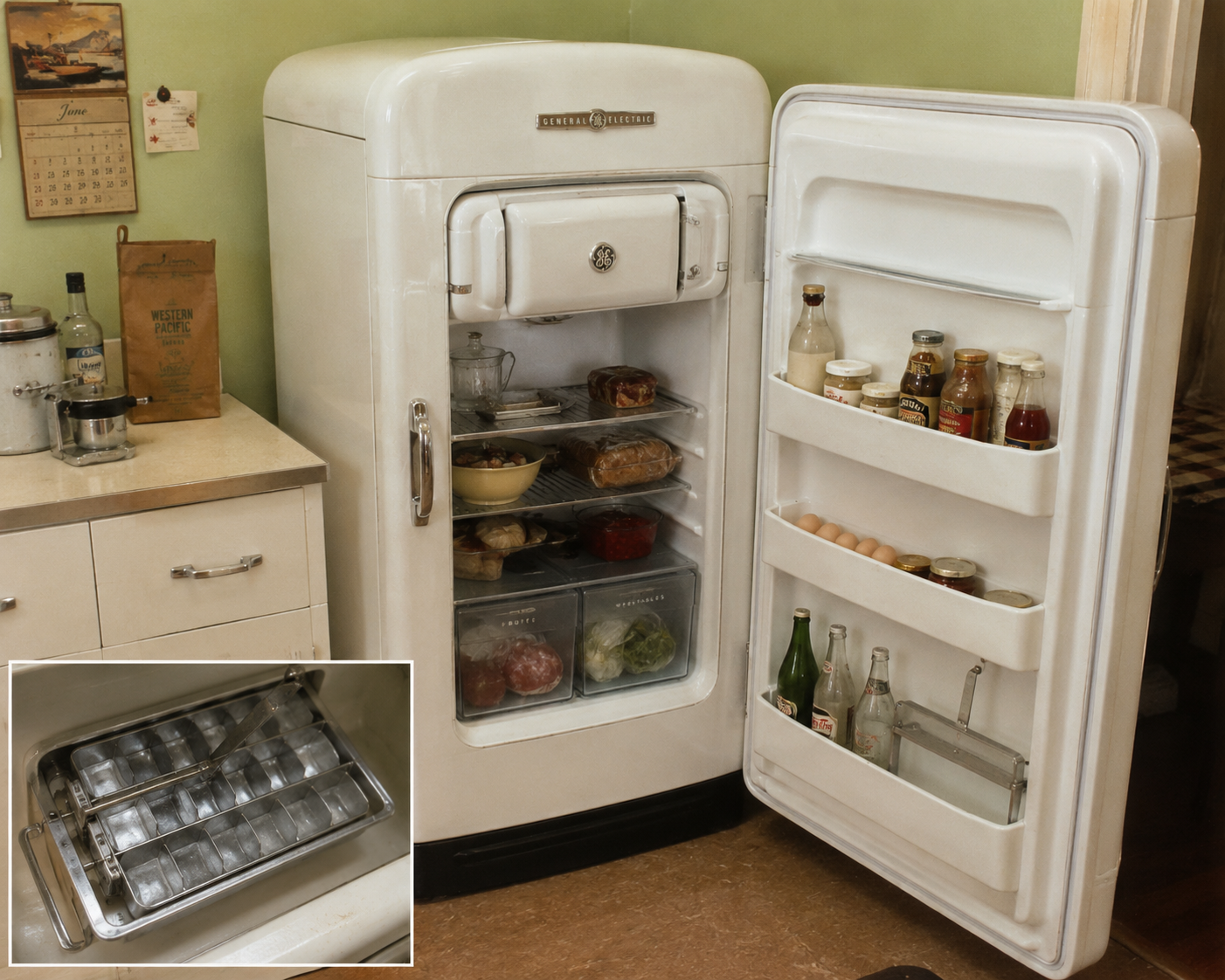 A vintage white refrigerator with the door open, showing shelves of food, drinks, eggs, and sauces. Inset shows a metal ice cube tray. The fridge stands in a retro kitchen with green walls and wooden floors.