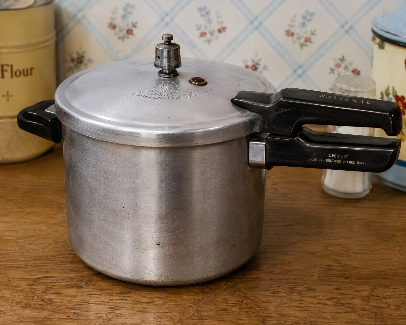 A vintage metal pressure cooker with black handles sits on a wooden countertop. There are old-fashioned tin containers labeled “Flour” and “Sugar” in the background, and floral wallpaper on the wall.