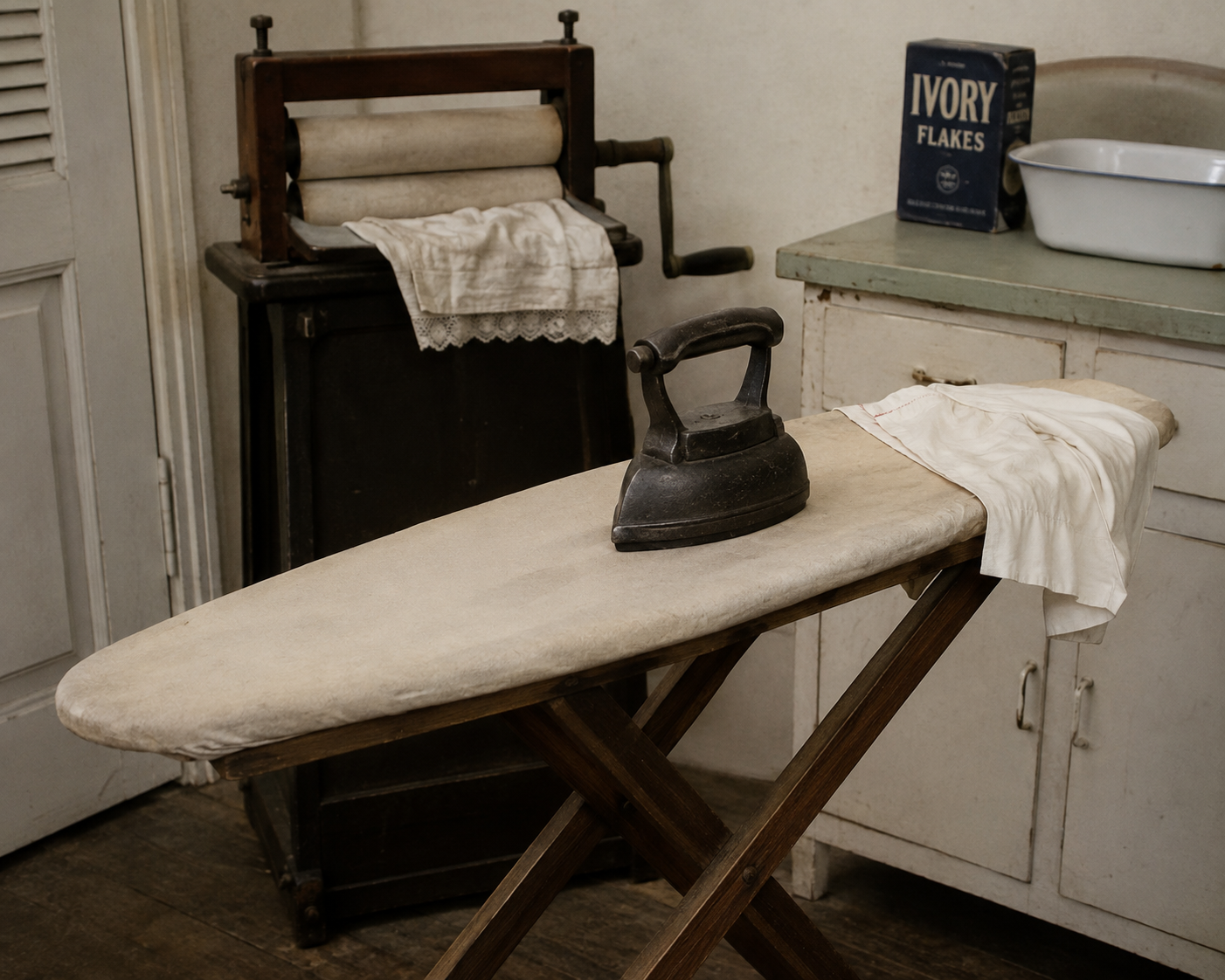 An old-fashioned iron rests on a padded ironing board. Nearby, a wringer and a box labeled “Ivory Flakes” sit by a white basin. A white cloth is draped over the board and wringer. The setting appears vintage.