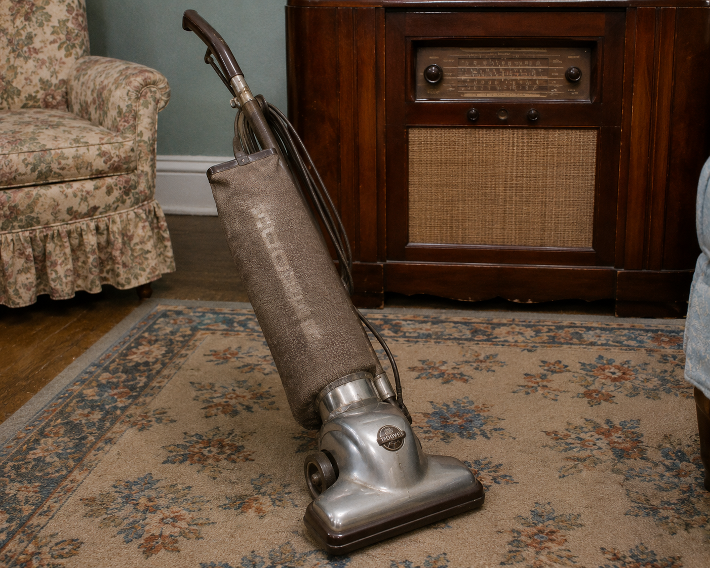 An old upright vacuum cleaner stands on a patterned rug in a living room, next to floral furniture and a vintage wooden radio cabinet.