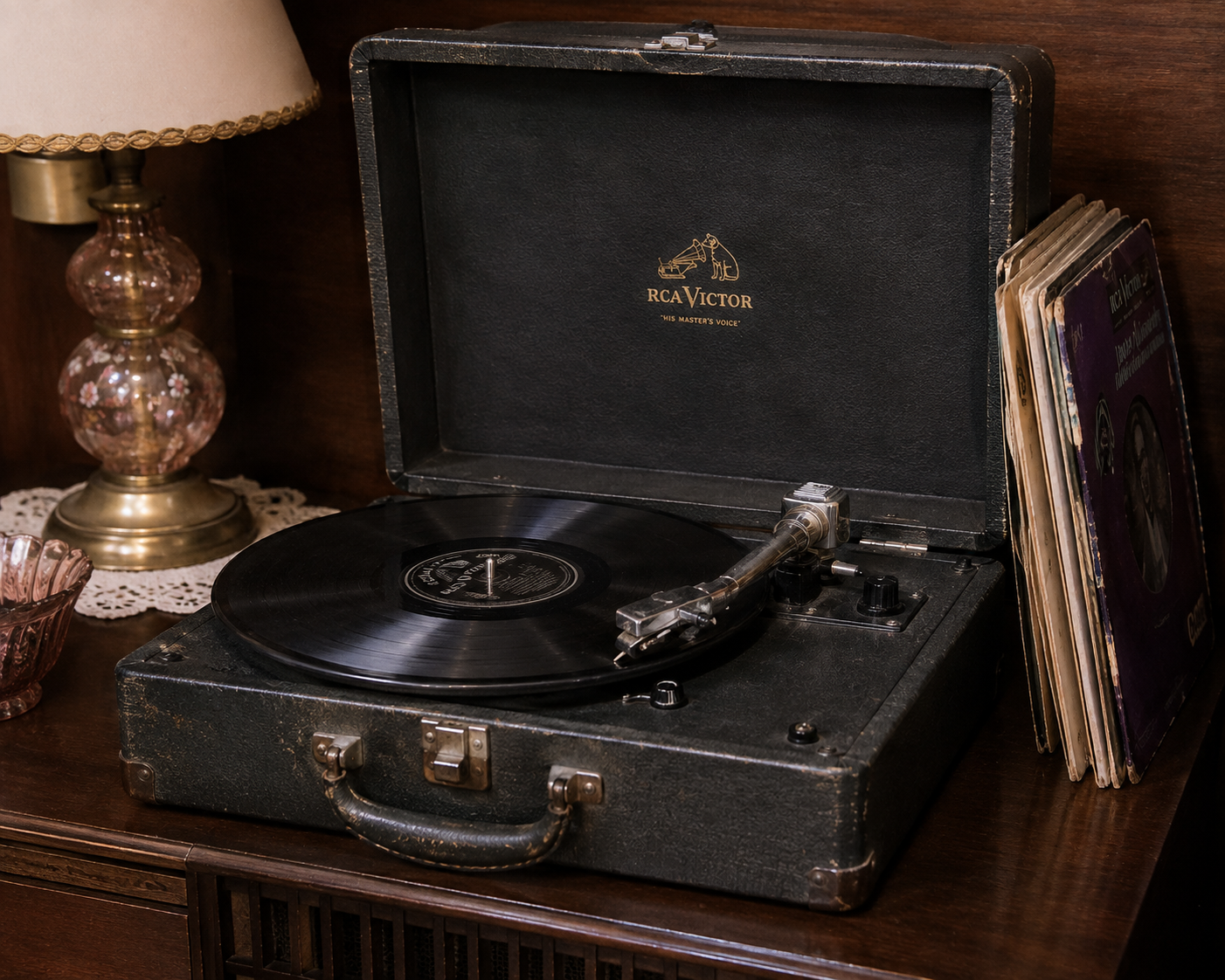 A vintage RCA Victor portable record player sits open on a wooden table, playing a vinyl record. A stack of records stands upright nearby. A decorative lamp and glass dish are also visible beside the player.