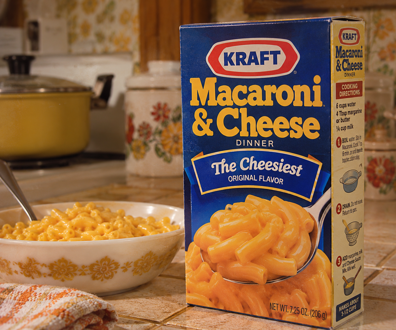 A box of Kraft Macaroni & Cheese sits on a kitchen counter next to a bowl of prepared macaroni and cheese. A pot and kitchen items can be seen in the background.