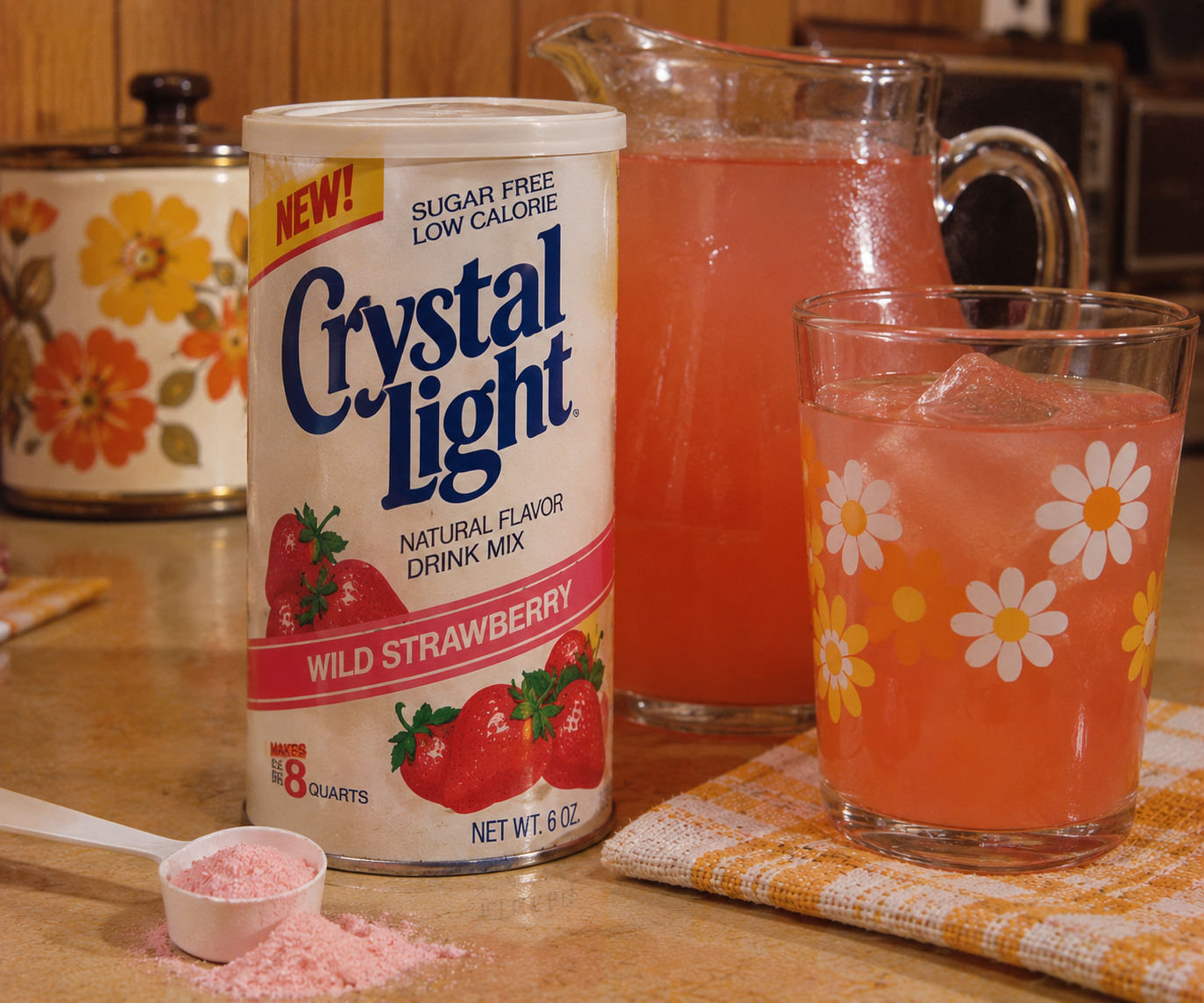 A canister of Crystal Light Wild Strawberry drink mix, one of the 1980s grocery store staples, sits next to a glass and pitcher of pink drink on a counter, with a spoonful of powder and floral towel nearby.