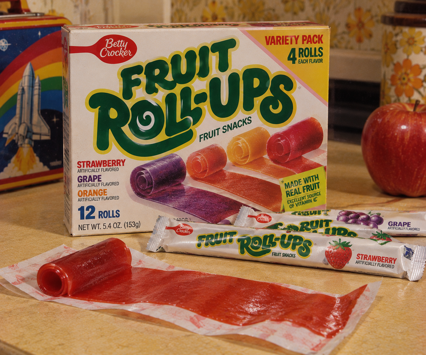 A box of Betty Crocker Fruit Roll-Ups, an iconic 1980s grocery store staple, sits on a kitchen counter with an unrolled red roll and two wrapped rolls beside an apple and a space shuttle tin.