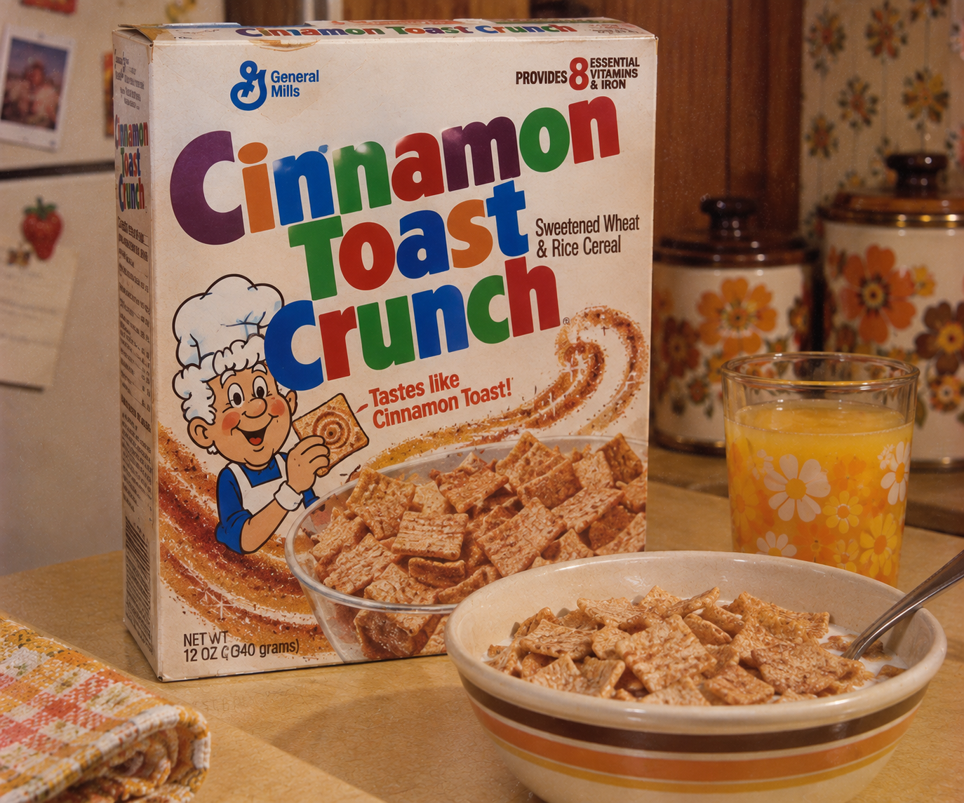 A box of Cinnamon Toast Crunch, one of the classic 1980s grocery store staples, sits on a kitchen counter beside a bowl with milk and orange juice, framed by floral-patterned containers and wallpaper.