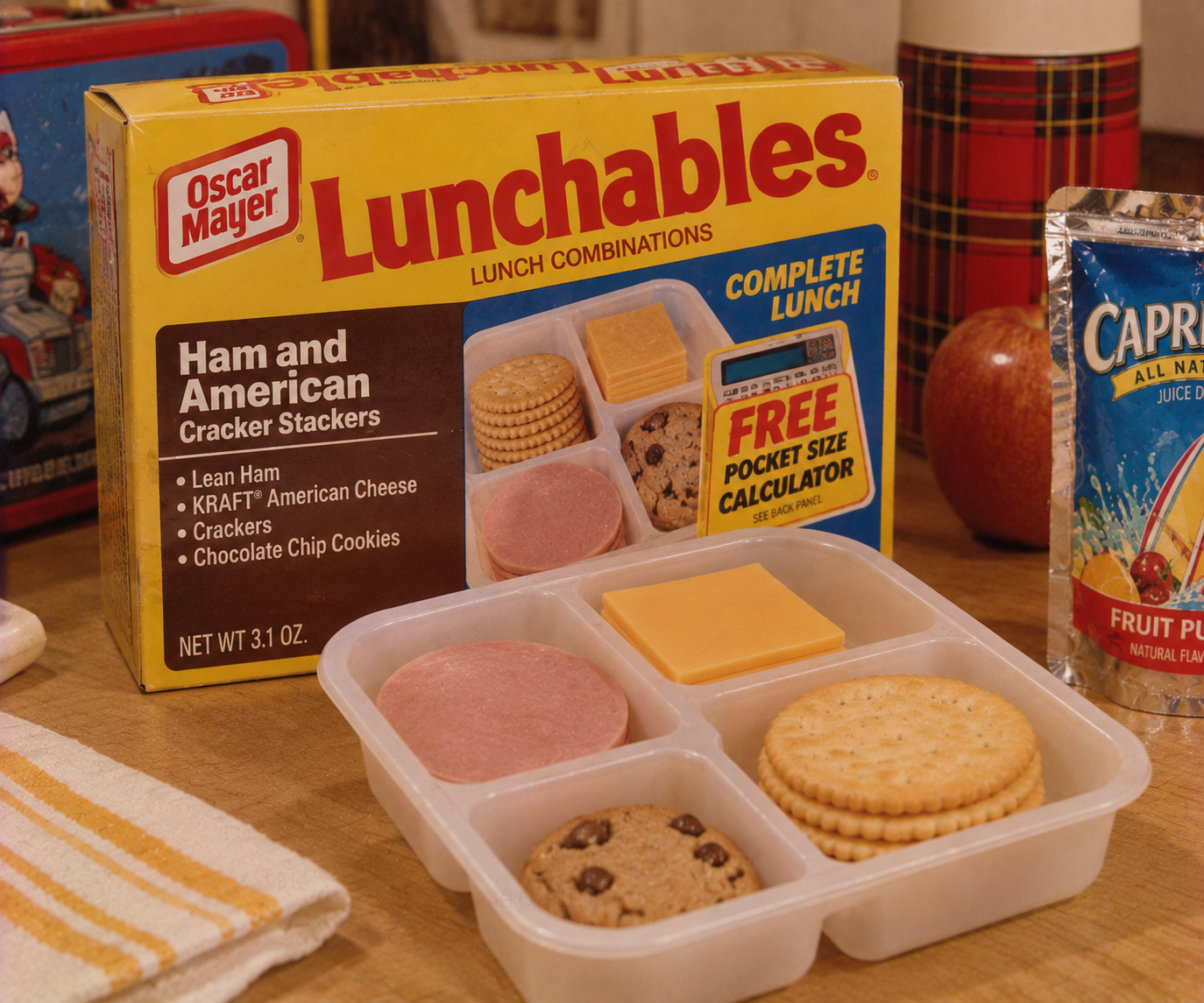 A Lunchables box—one of the classic 1980s grocery store staples—sits with ham, cheese, crackers, a cookie, Capri Sun drink, and an apple on a kitchen counter. 1980s grocery store staples.