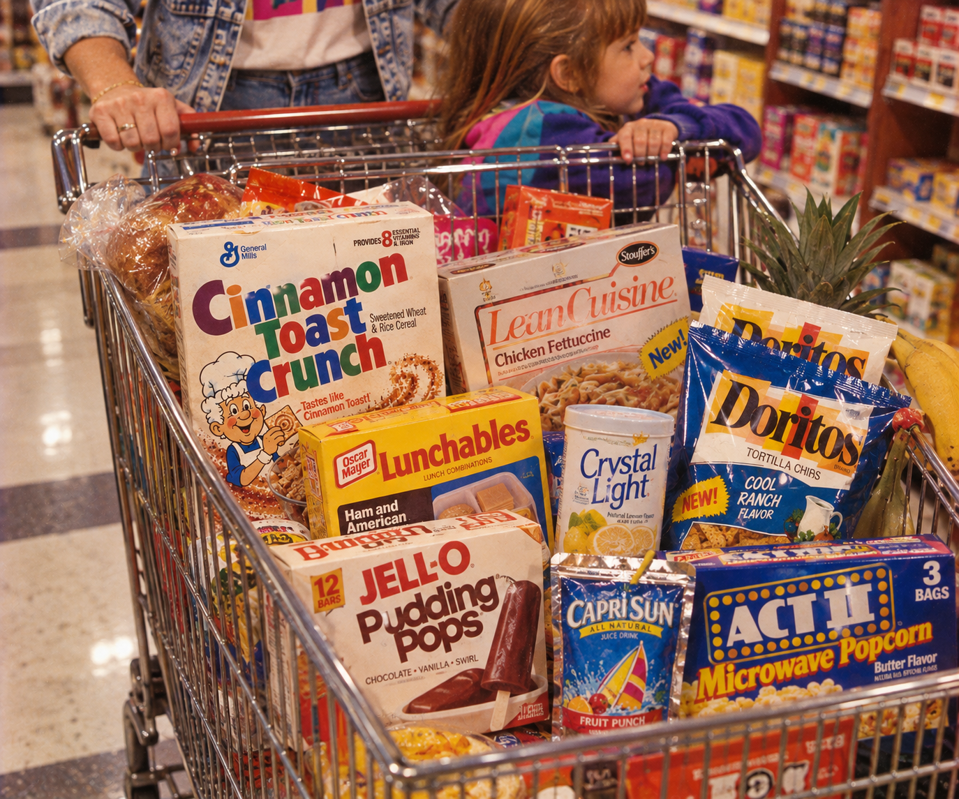 A grocery cart filled with 1980s grocery store staples like cereal, Doritos, Lunchables, Jell-O pudding, Capri Sun, and Lean Cuisine is pushed by a young child in a purple jacket.