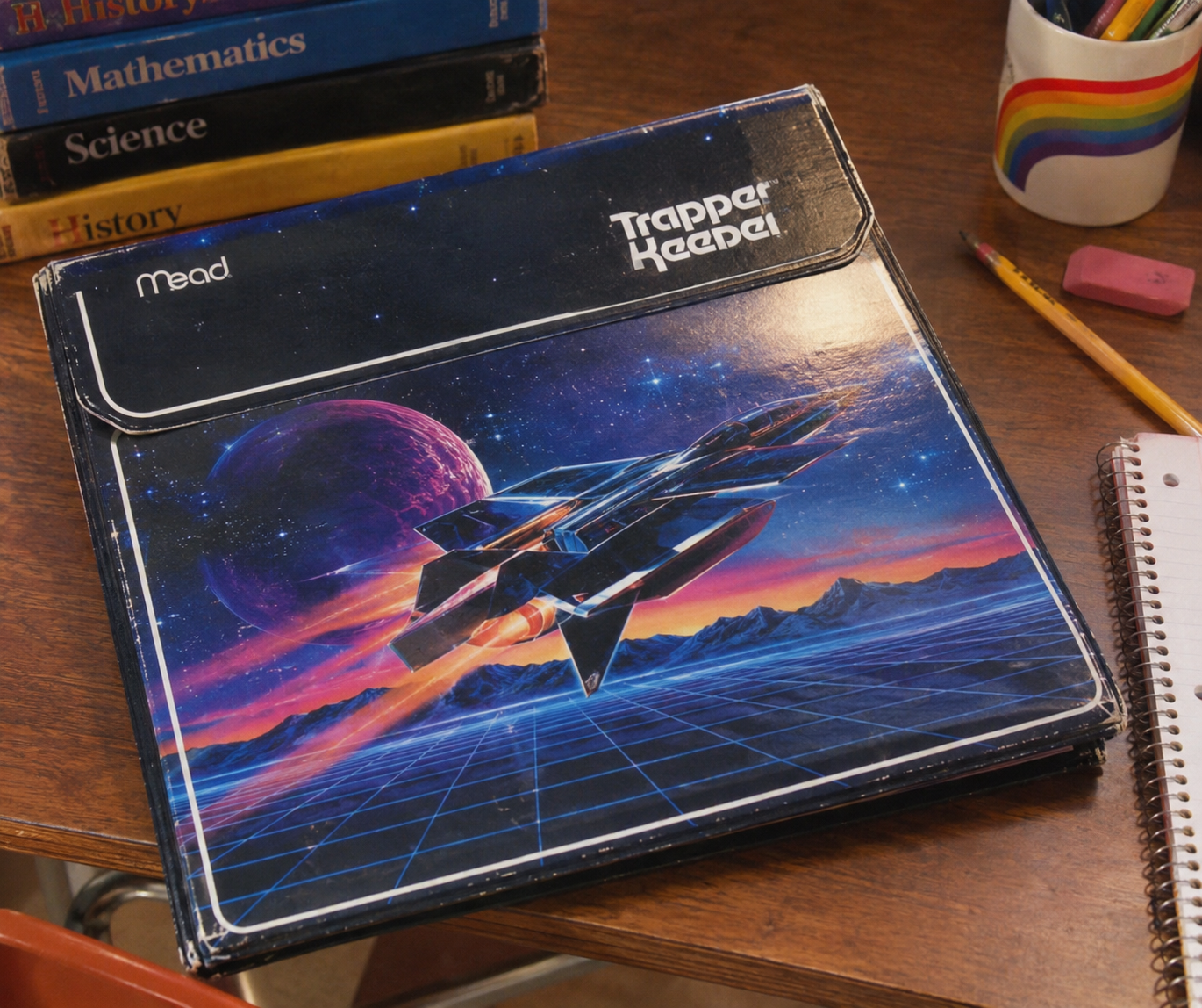 A Trapper Keeper binder with a space-themed design featuring a spaceship and planets sits on a desk next to textbooks, a rainbow cup, an eraser, and a spiral notebook.
