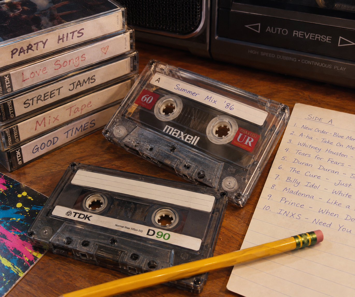 Two cassette tapes, a handwritten playlist, a pencil, and stacked mixtapes labeled with music genres are set on a wooden table near a cassette player.