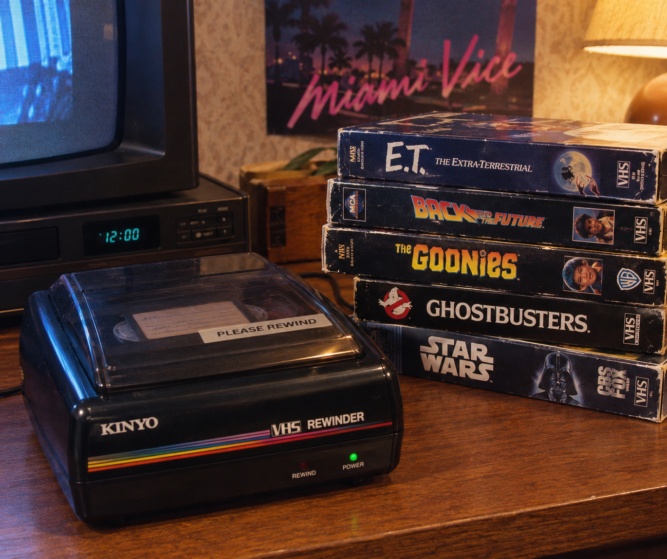 A Kinyo VHS rewinder sits on a wooden table next to five stacked VHS tapes: E.T., Back to the Future, The Goonies, Ghostbusters, and Star Wars. A TV and “Miami Vice” poster are in the background.
