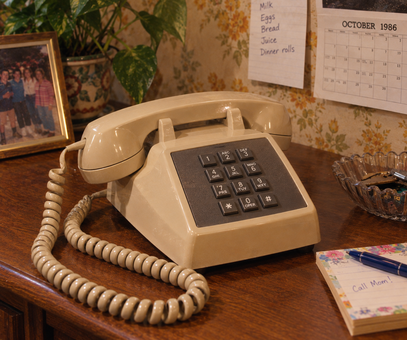 A beige rotary phone sits on a wooden desk beside a notepad, pen, glass dish, framed photo, houseplant, wall calendar, and a handwritten grocery list. The décor suggests a vintage 1980s home setting.