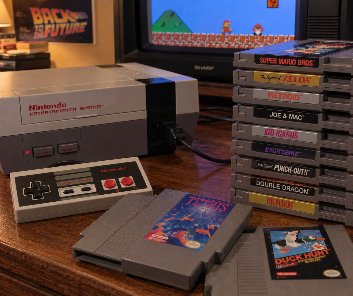 A Nintendo Entertainment System, controller, and game cartridges sit on a wooden desk near a TV displaying Super Mario Bros. A Back to the Future poster is on the wall in the background.