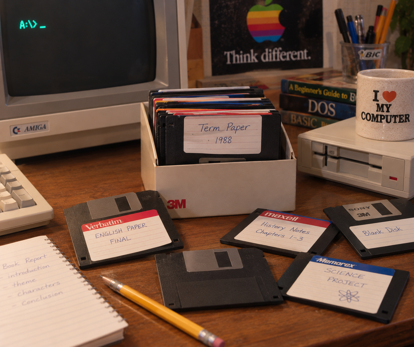 A vintage desk with floppy disks, an old computer, a “Think Different” poster, a coffee mug, and a notepad with handwritten notes for report sections and school assignments.