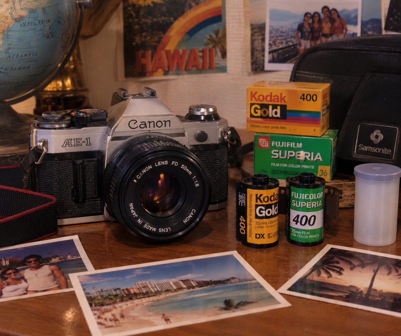 A vintage Canon AE-1 camera, Kodak and Fujifilm film rolls, travel photos, and a Samsonite bag sit on a desk with a globe and a Hawaii postcard in the background.
